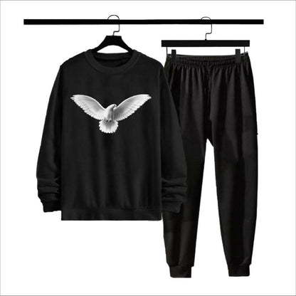 Men's Fleece Sweatshirt Track Suit - 2 Pcs Set in Black with Printed Design