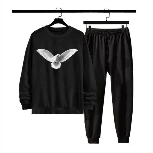 Men's Fleece Sweatshirt Track Suit - 2 Pcs Set in Black with Printed Design