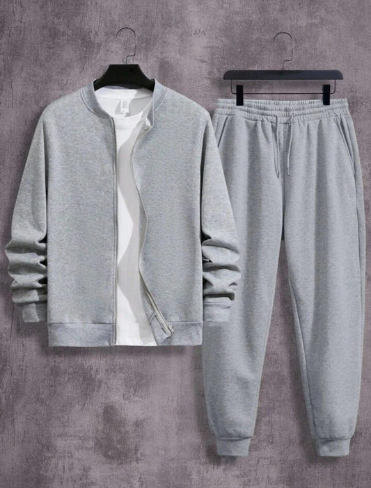 Men's Fleece Plain Grey Zipper Track Suit