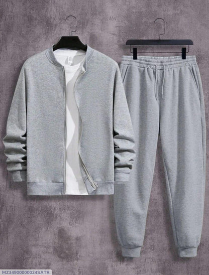 Men's Fleece Plain Grey Zipper Track Suit